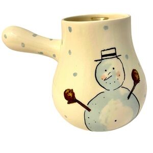 Rae Dunn Cocoa Pot Snowman Let it Snow White & Blue Spots 2018 Magenta 6.5” Tall